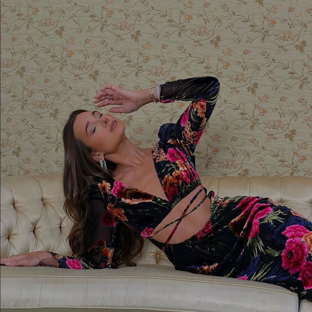 We Wore What Velvet Flocked Cut Out Dress